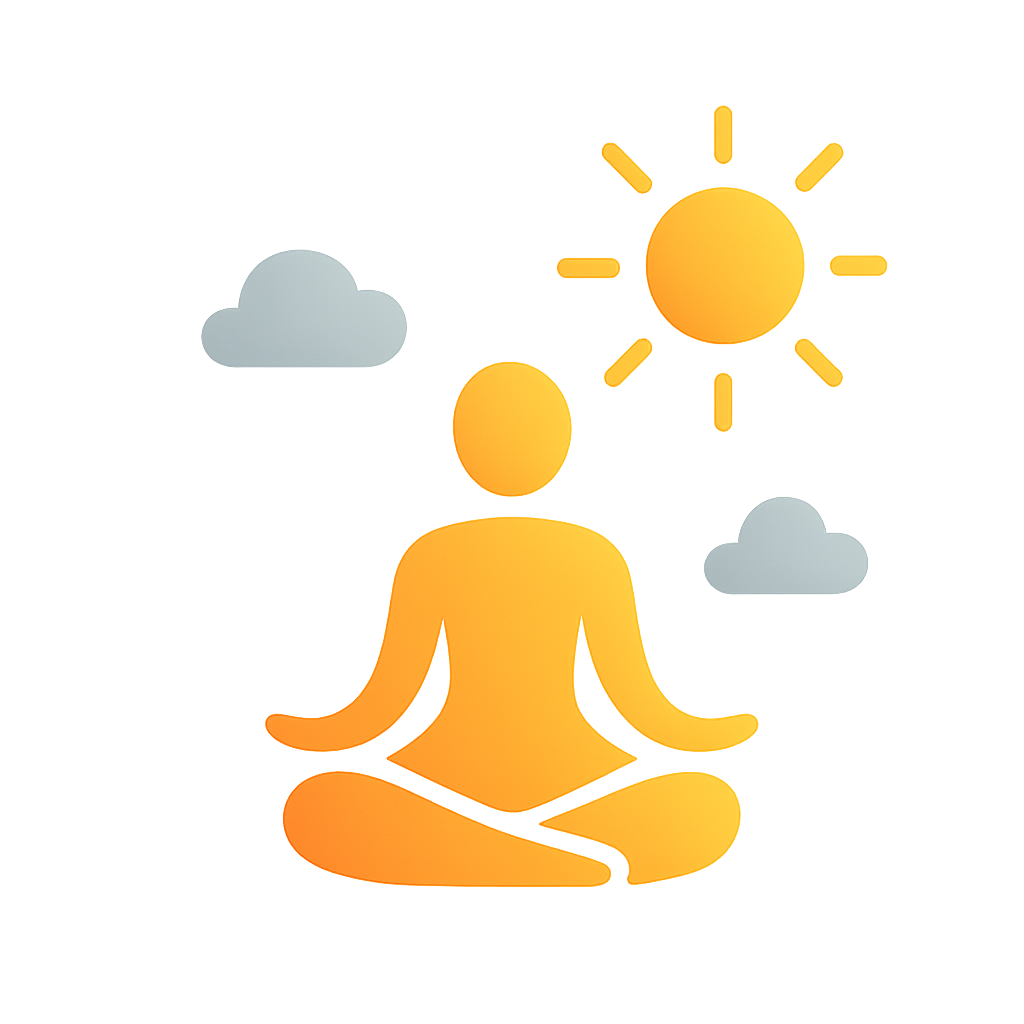 Personnage méditant au soleil, nuages gris s’éloignant symbolisant bien-être mental et émotionnel