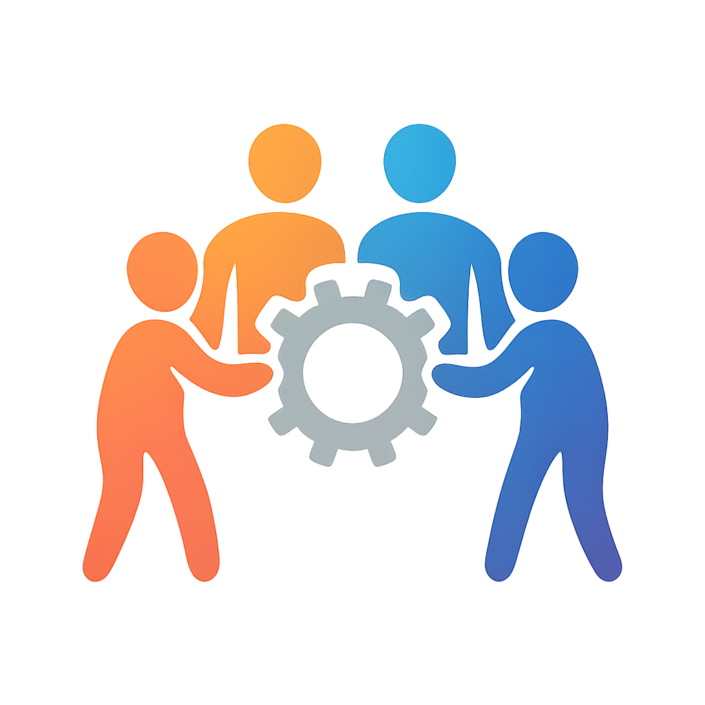 Quatre silhouettes tenant ensemble un engrenage symbolisant la collaboration